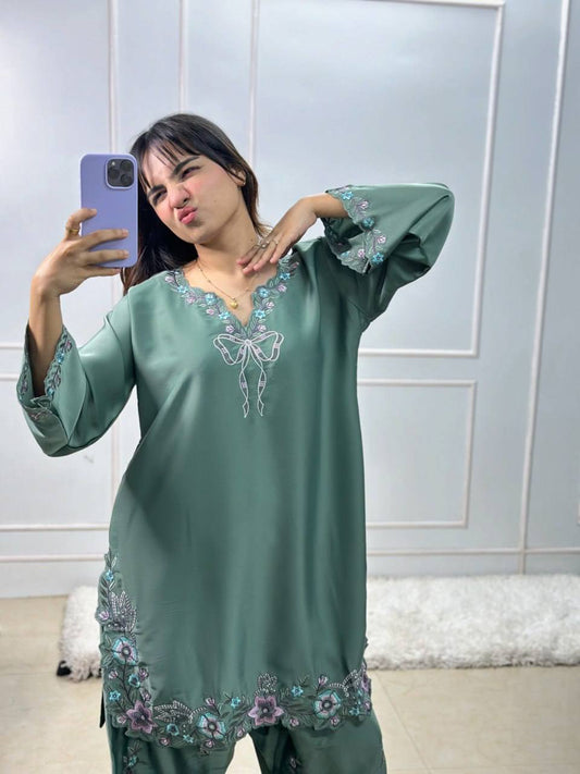 Teal Green Floral Embroidered Farshi Salwar With Bow Detail And Dupatta