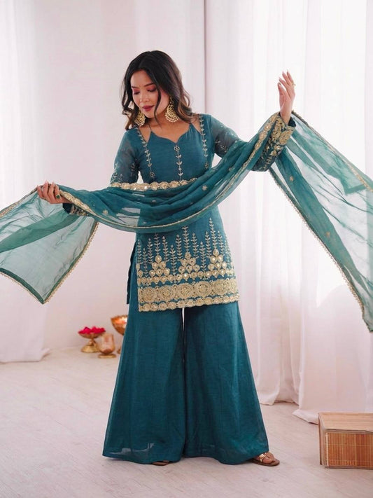 Teal Green Zari Embroidered Sharara Suit Set With Fendy Silk Dupatta