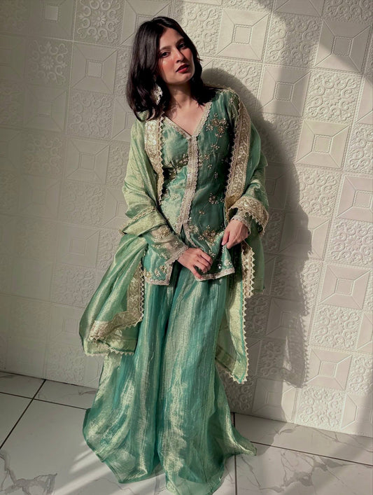 Elegant Green Sharara Suit With Gold Embroidery And Lace