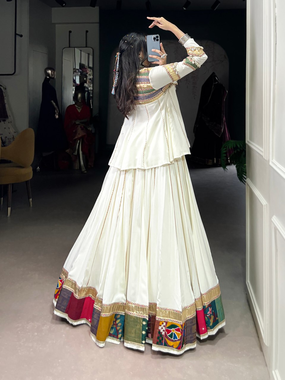 White Designer Lehenga Choli With Multicolor Patchwork Border And Long Peplum Blouse