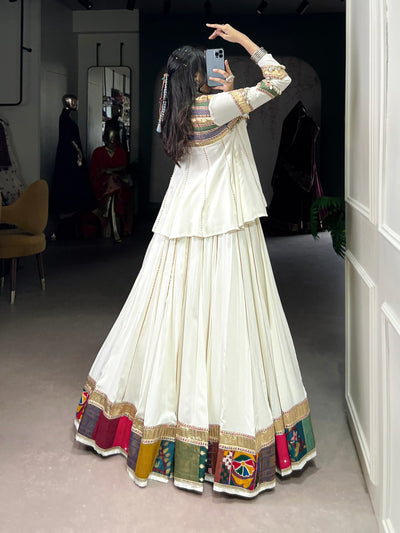 White Designer Lehenga Choli With Multicolor Patchwork Border And Long Peplum Blouse