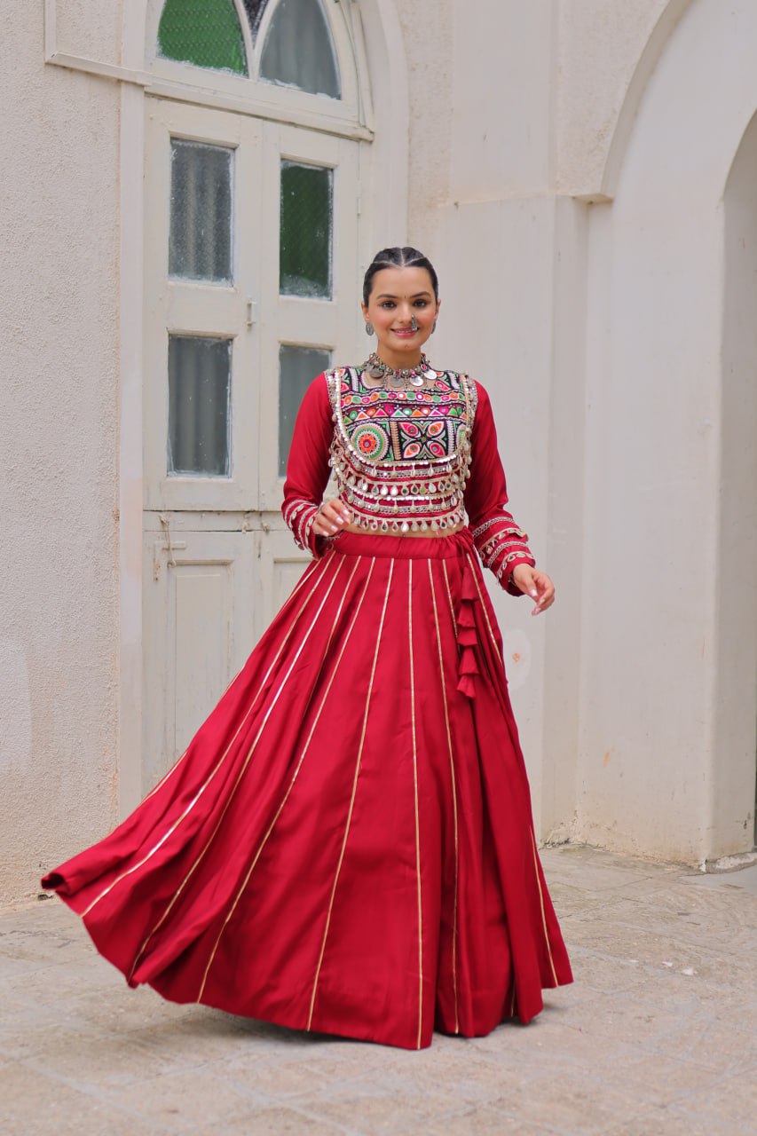 Designer Lehenga With Kutchi Gamthi Embroidered Blouse And Mirror Work
