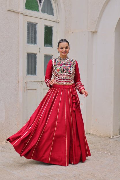 Designer Lehenga With Kutchi Gamthi Embroidered Blouse And Mirror Work