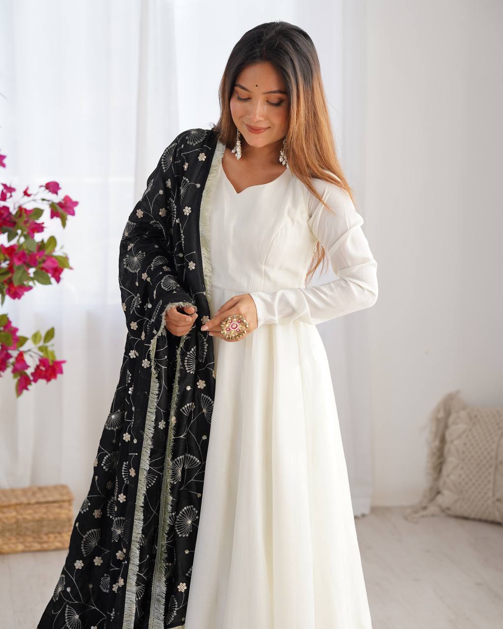 Elegant White Vichitra Silk Anarkali Set With Black Embroidered Dupatta