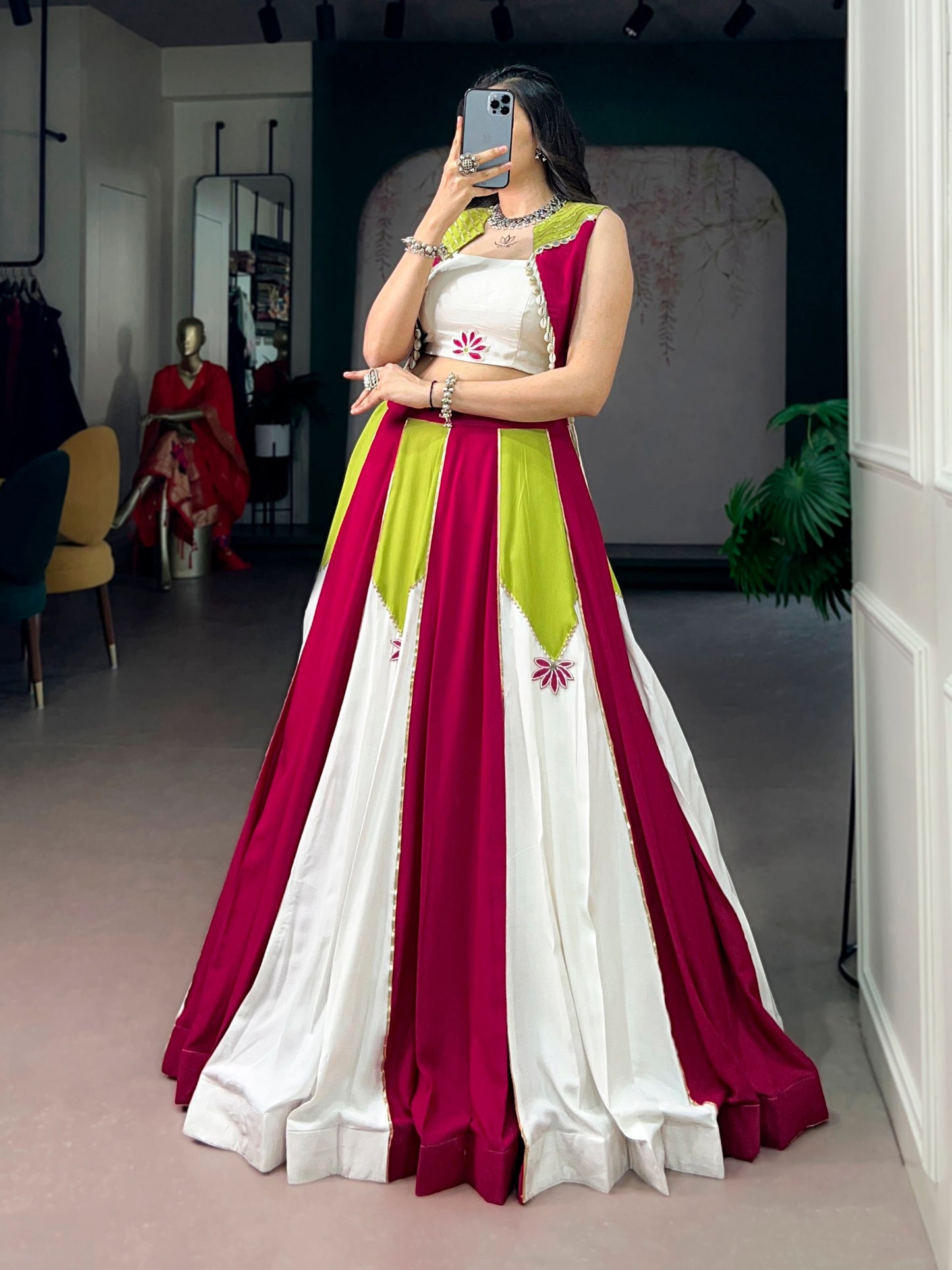Color Block Indo-Western Lehenga Set With Jacket - Pink, Lime Green And White