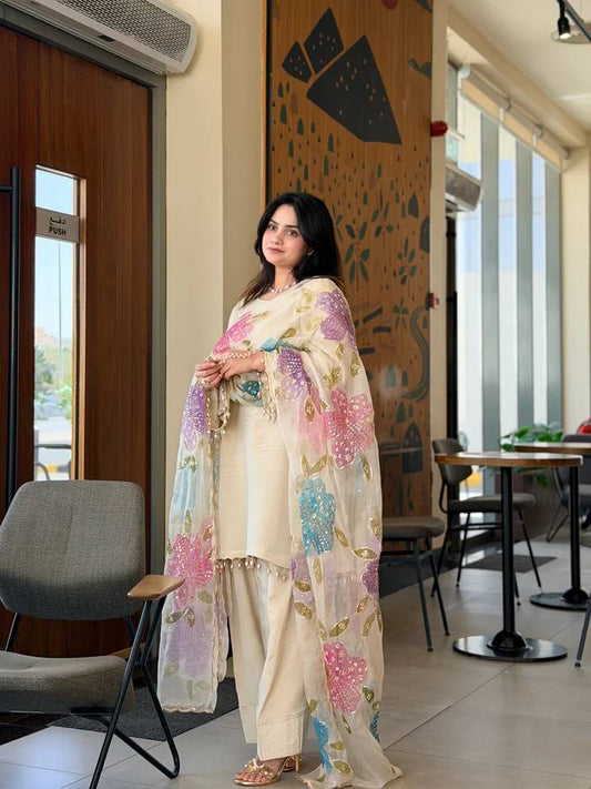 Elegant Off-White Salwar Suit With Multicolour Embroidered Dupatta