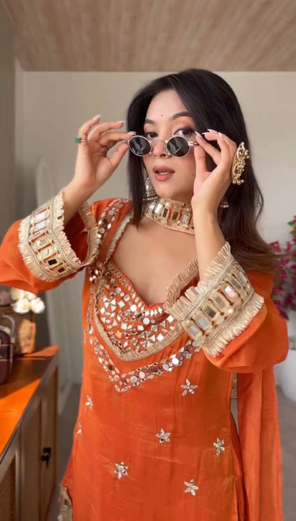 Orange Silk Sharara Suit With Real Mirror Work And Gold Lace Work