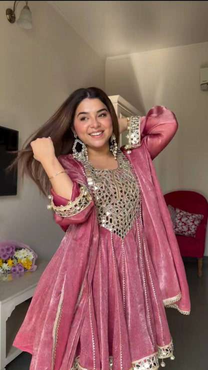 Rose Pink Mirror Work Short Anarkali Kurta With Dhoti Style Pants And Dupatta Set