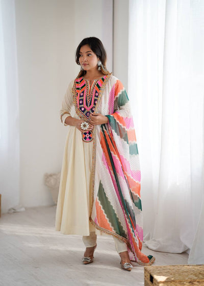 CREAM ANARKALI SUIT WITH MULTICOLOR EMBROIDERED NECKLINE AND PRINTED DUPATTA