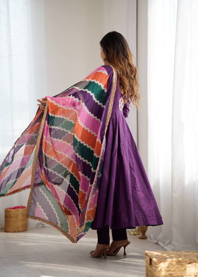 Purple Anarkali Suit With Colorful Embroidered And Dupatta