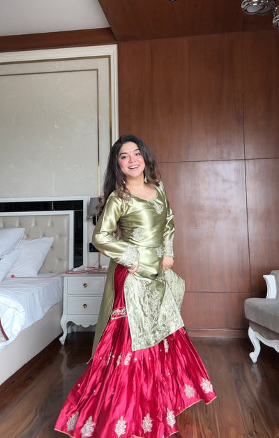 OLIVE GREEN EMBROIDERED KURTA WITH CONTRASTING RED SHARARA