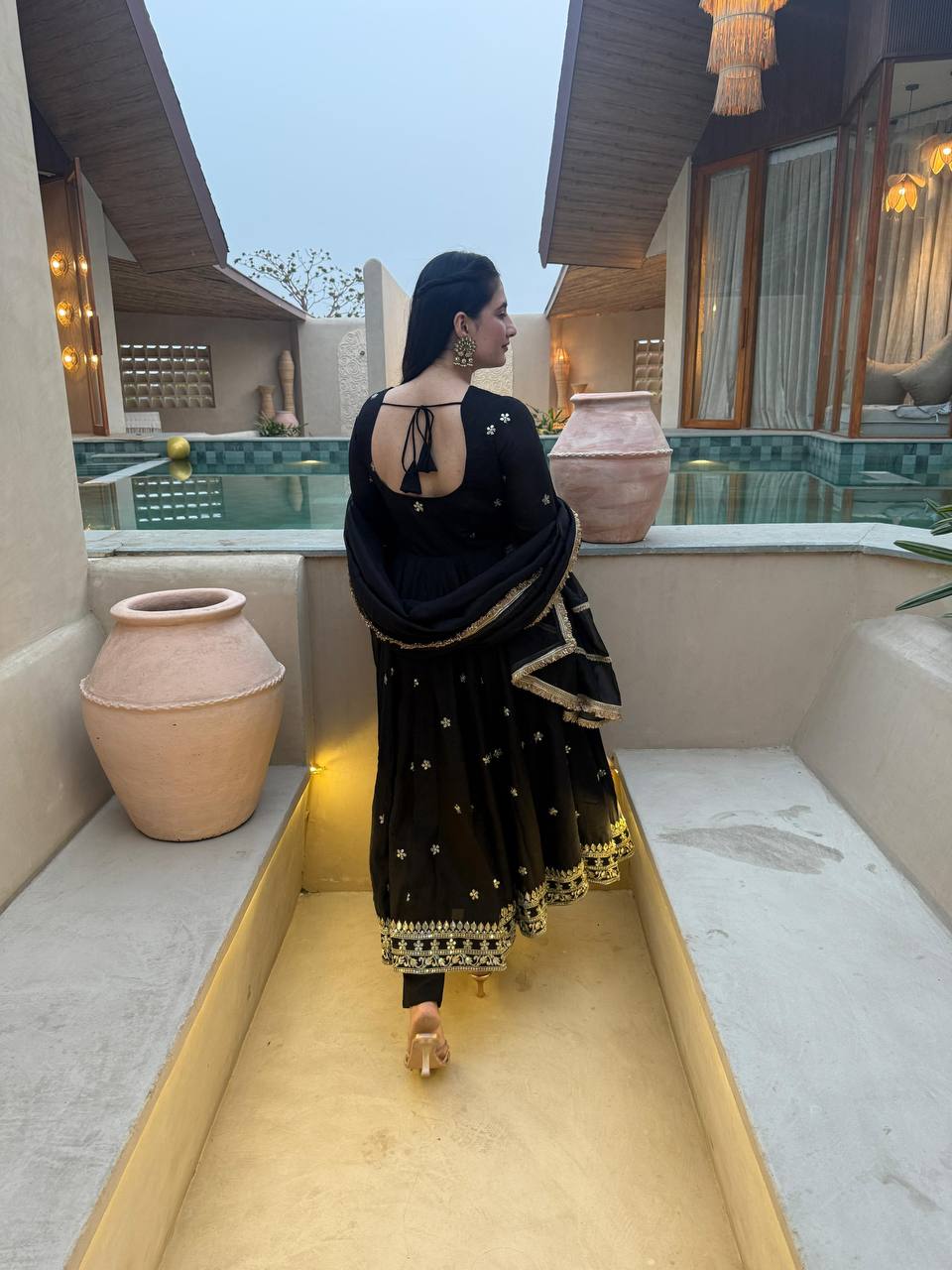 Elegant Black Anarkali Set With Gold Embroidery And Dupatta