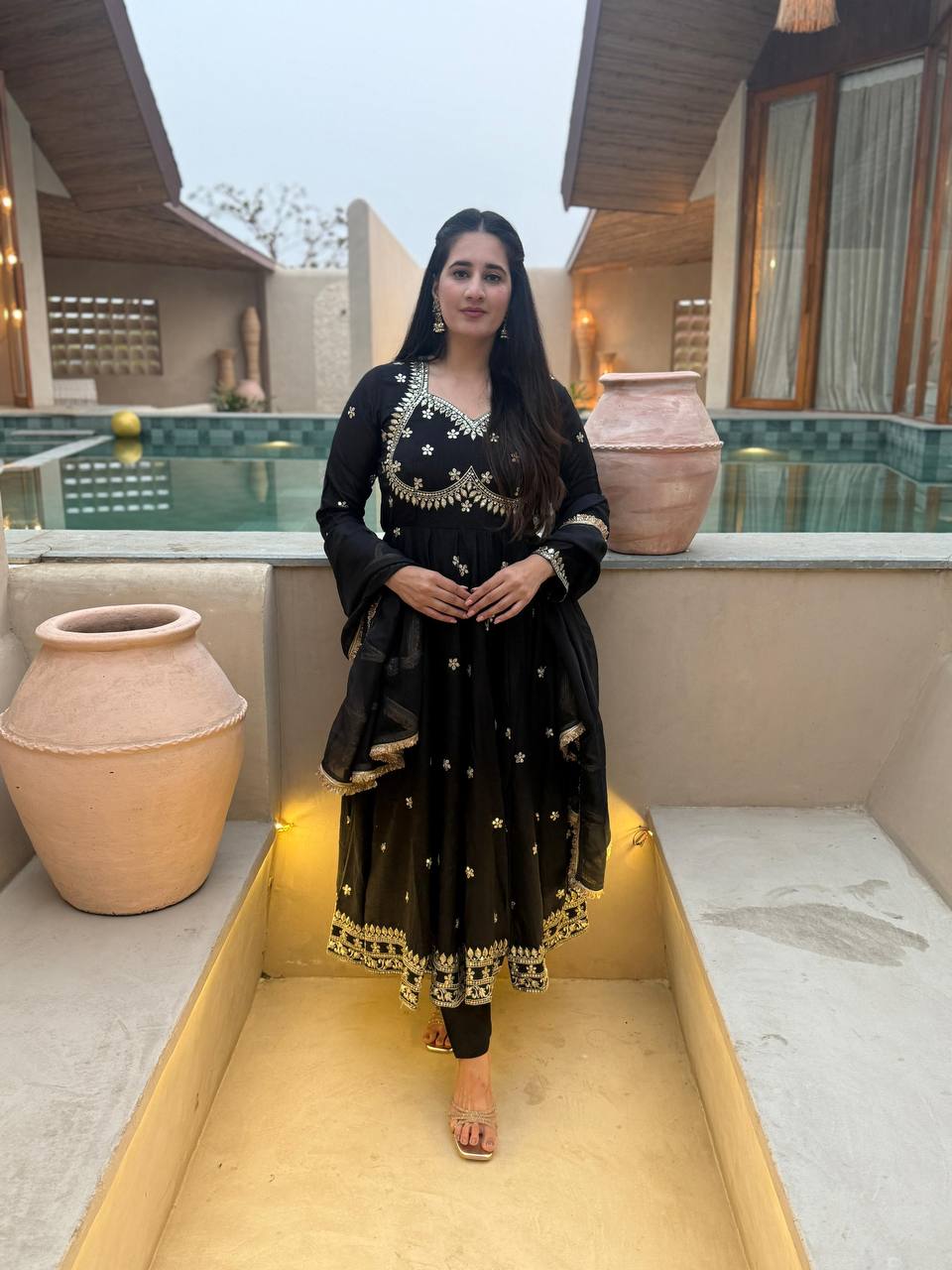 Elegant Black Anarkali Set With Gold Embroidery And Dupatta