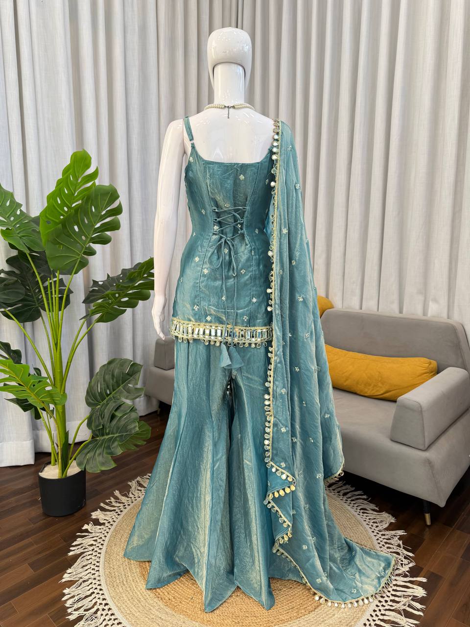 Sharara Suit With Gold Embroidery And Mirror Work
