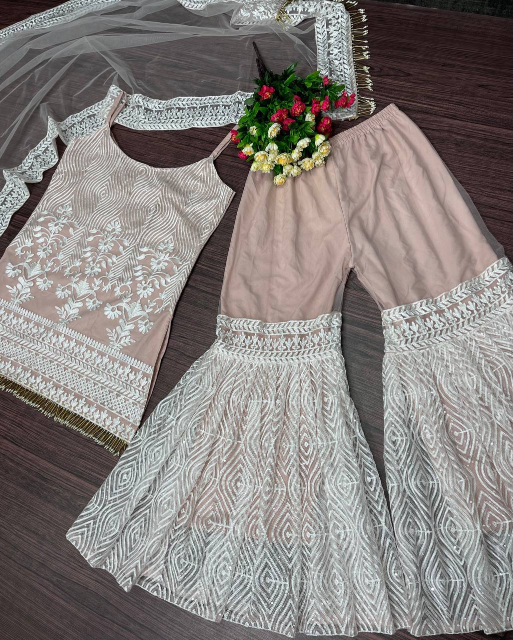 Heavy Pearl And Sequins Embroidered Spaghetti Strap Sharara Set With Dupatta