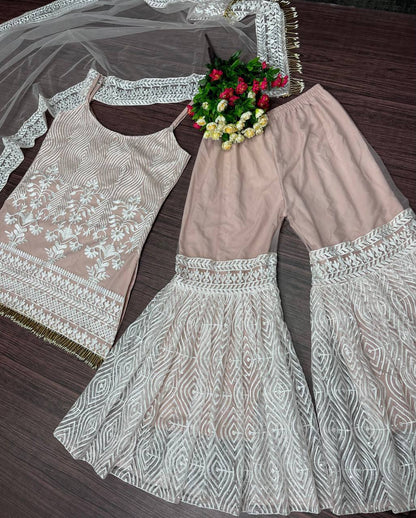 Heavy Pearl And Sequins Embroidered Spaghetti Strap Sharara Set With Dupatta