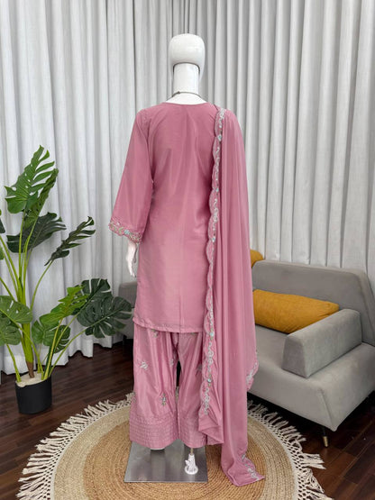 Pink Floral Embroidered Farshi Salwar Suit With Bow Detail And Dupatta