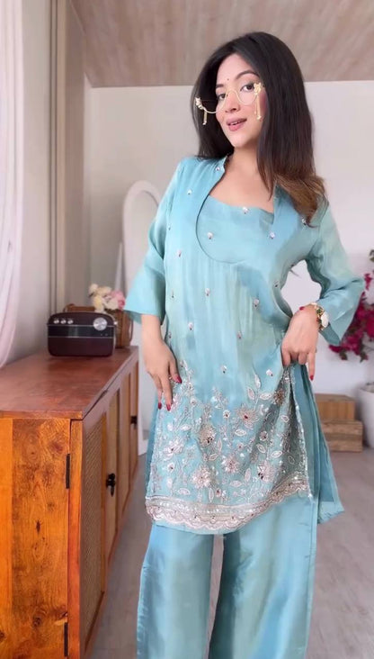 Sea Green Embroidered 3-Piece Jacket Style Kurta Set With Inner And Pants – Festive Fusion Wear