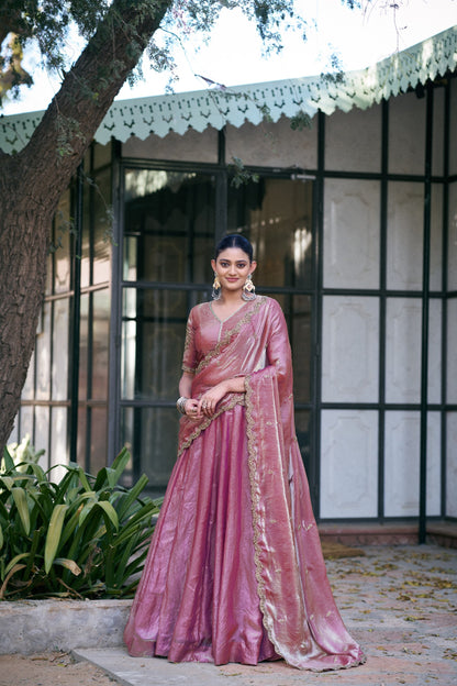 Designer Fendy Silk Lehenga Set With Zari Scallop Border And Attached Drape Dupatta