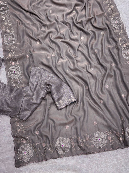 Designer Floral Border Saree With Brocade Un-Stitched Blouse