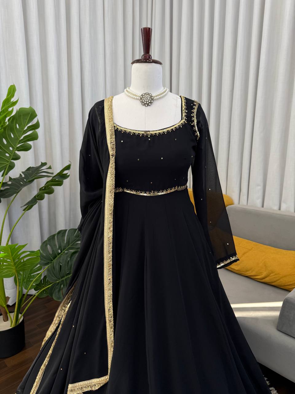 Black Georgette Anarkali Suit Work And Golden Lace Dupatta