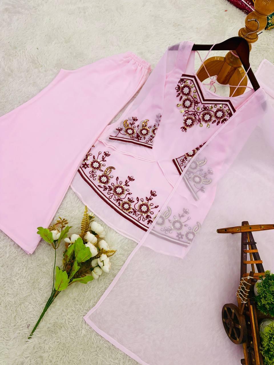 Baby Pink Embroidered Set With Flared Sleeves Dupatta