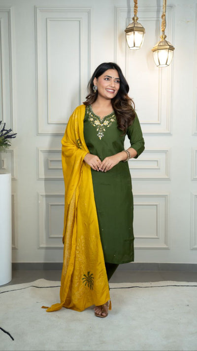 Elegance In Green Stunning Traditional Outfit With a Pop Of Yellow