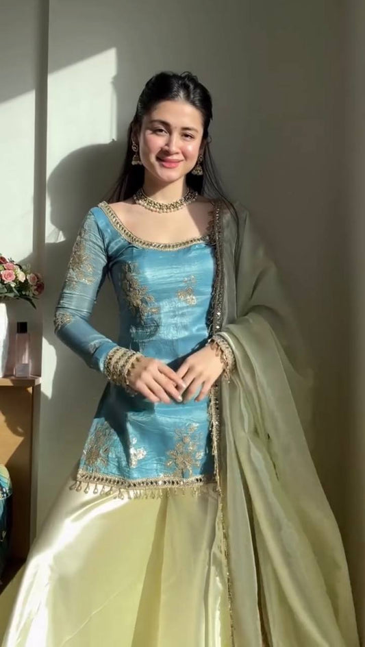 Ice Blue Embroidered Kurta With Plazo And Dupatta – Festive Contrast Set