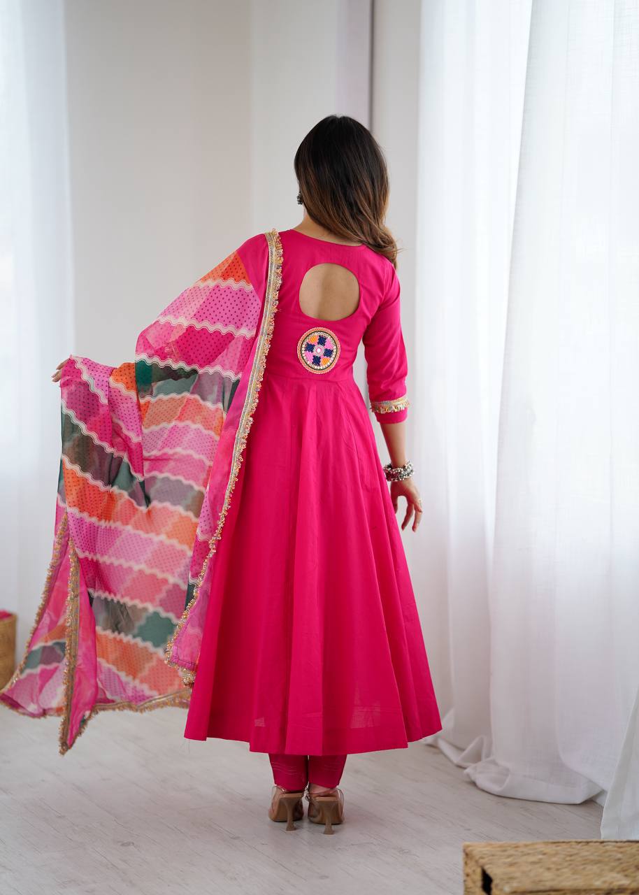 VIBRANT PINK ANARKALI SUIT WITH MULTICOLOUR EMBROIDERED DUPATTA