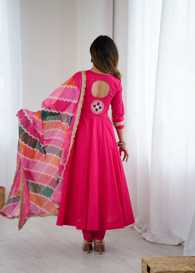 VIBRANT PINK ANARKALI SUIT WITH MULTICOLOUR EMBROIDERED DUPATTA