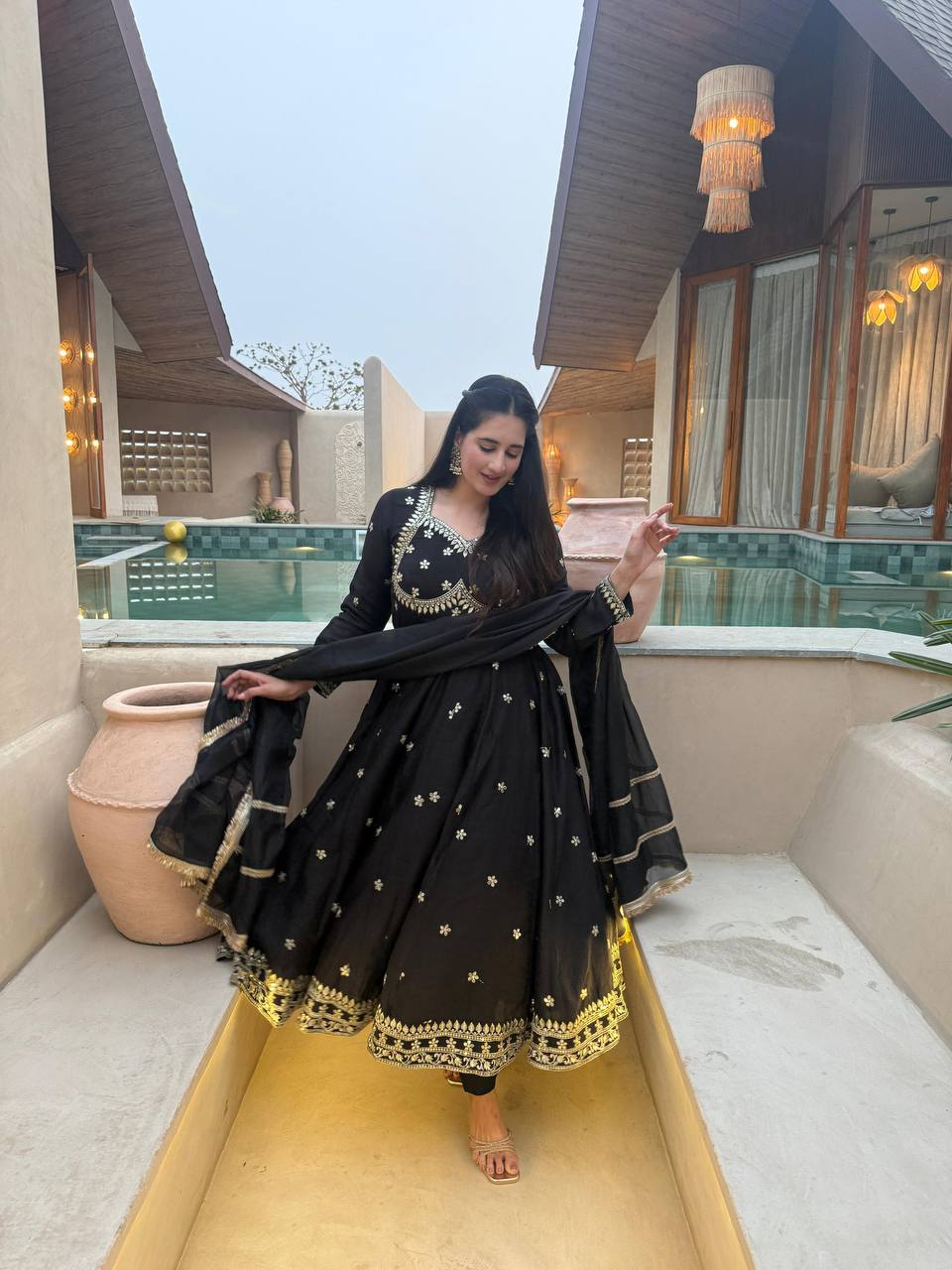 Elegant Black Anarkali Set With Gold Embroidery And Dupatta