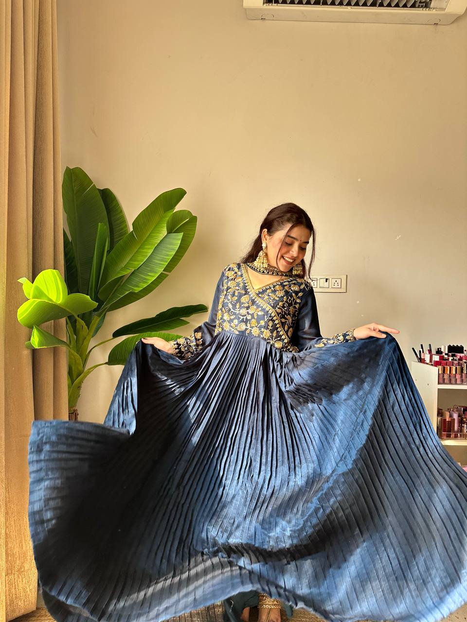 Dark Blue Anarkali Suit With Embroidery