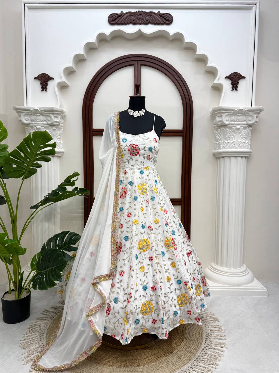 Off White Floral Embroidered Anarkali Gown With Spaghetti Straps And Dupatta