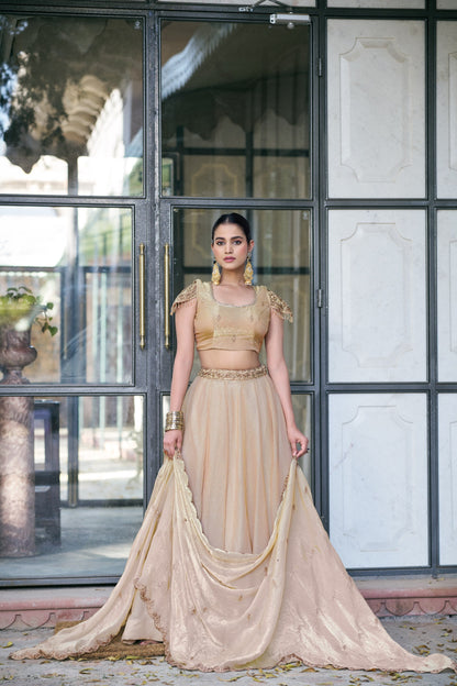 Designer Fendy Silk Lehenga Set With Zari Scallop Border And Attached Drape Dupatta