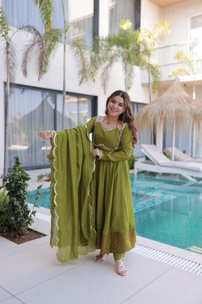 Olive Green Anarkali Suit With Mirror Work And Dupatta