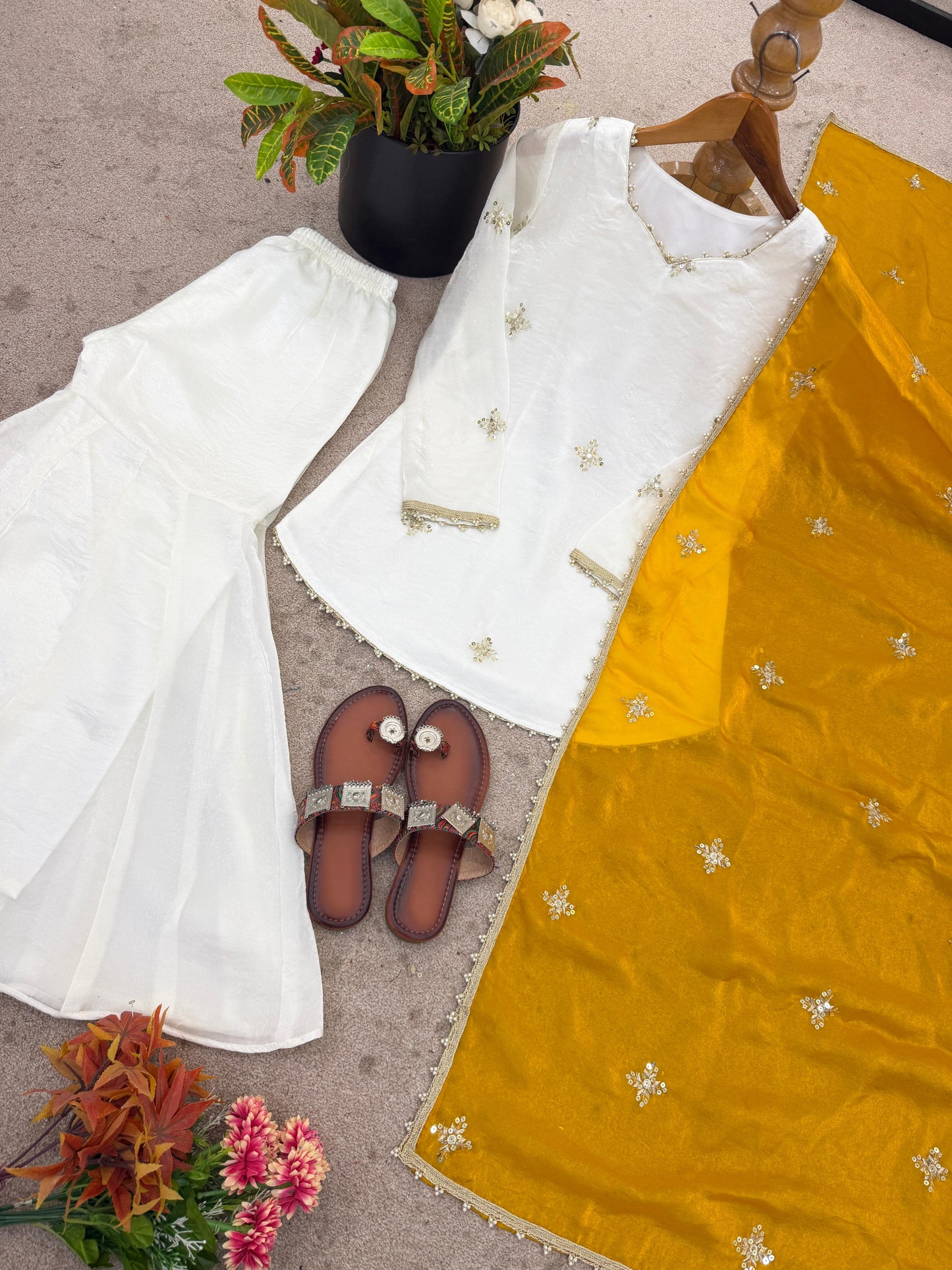 Embroidered Sharara Set With Contrast Sequin Mustard Yellow Dupatta