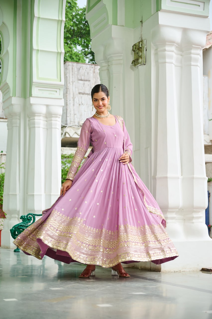 Lavender Georgette Anarkali Gown With Embroidery And Dupatta