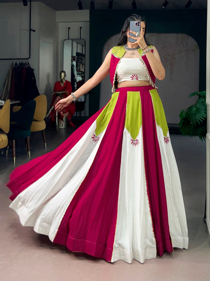 Color Block Indo-Western Lehenga Set With Jacket - Pink, Lime Green And White