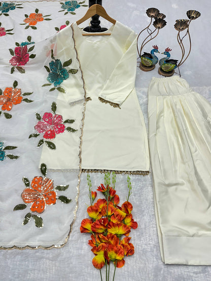 Off-White Straight Kurta Pant Set With Multicolor Floral Sequins Organza Dupatta