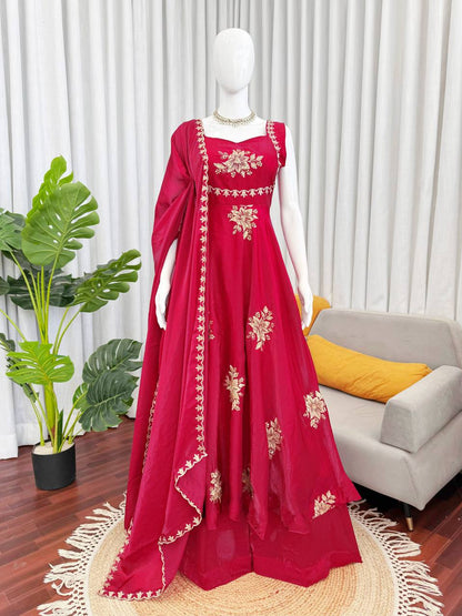 Floral Embroidered Sleeveless Anarkali Gown With Dupatta Set
