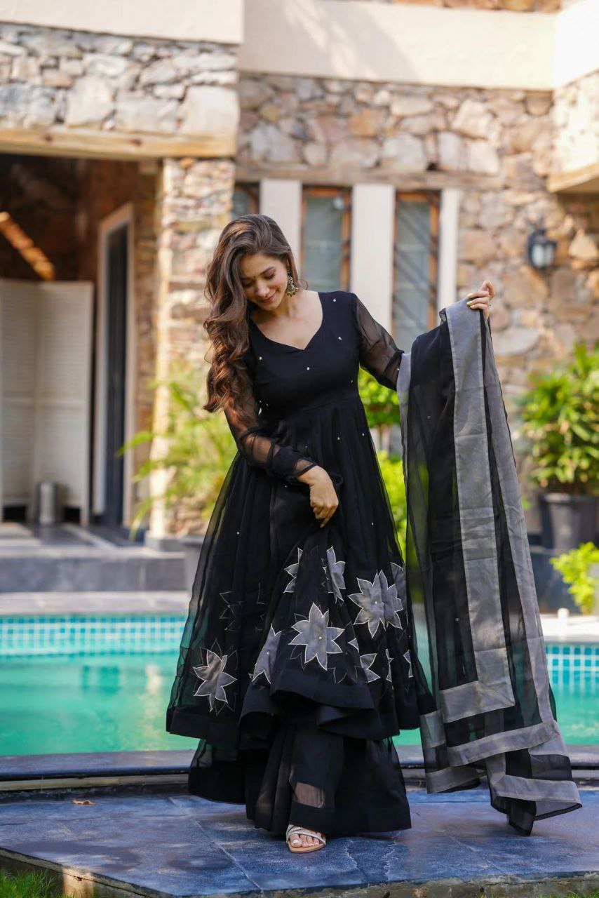 ELEGANT BLACK ANARKALI WITH SILVER FLORAL EMBROIDERY AND DUPATTA