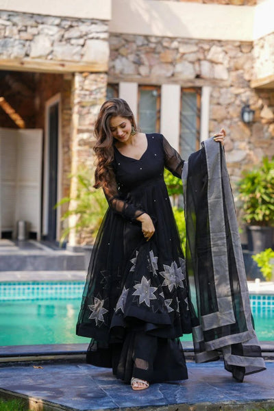 ELEGANT BLACK ANARKALI WITH SILVER FLORAL EMBROIDERY AND DUPATTA