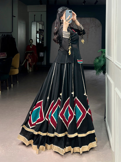 Black 7 Meter Flair Lehenga Set With Mirror Work Blouse