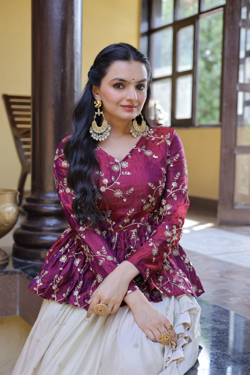 Wine Floral Embroidered Peplum Top With Off-White Lehenga Skirt Set