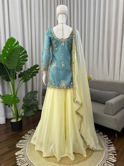 Ice Blue Embroidered Kurta With Plazo And Dupatta – Festive Contrast Set