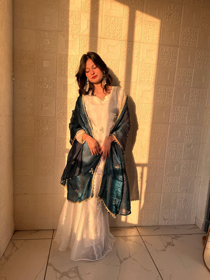 Embroidered Sharara Set With Contrast Sequin Teal Blue Dupatta