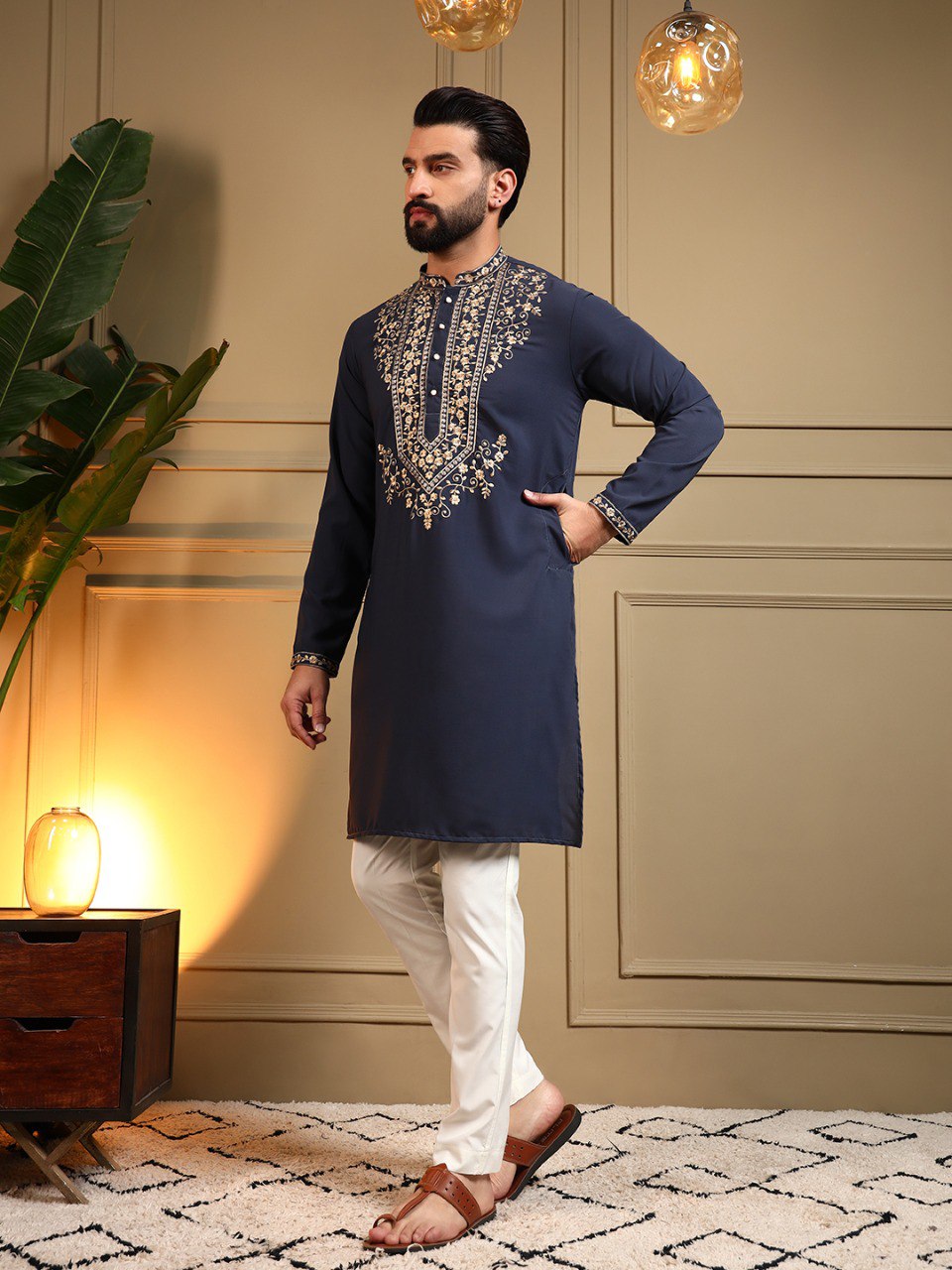 Classic Designer Embroidered Kurta Set For Men With White Pajama