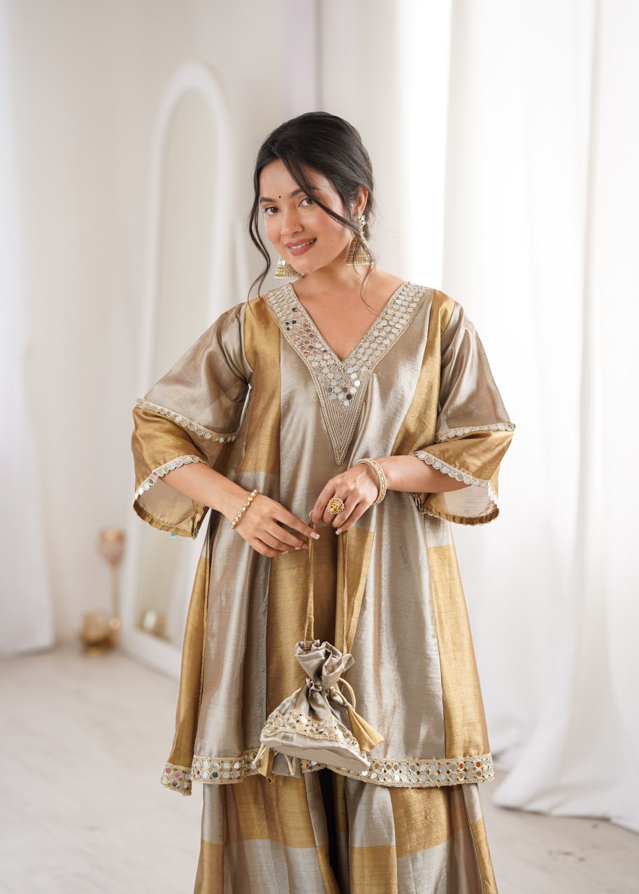 Antique Gold And Silver Colorblock Sharara Set With Mirror Work And Batwa