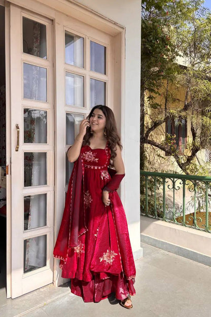 Floral Embroidered Sleeveless Anarkali Gown With Dupatta Set