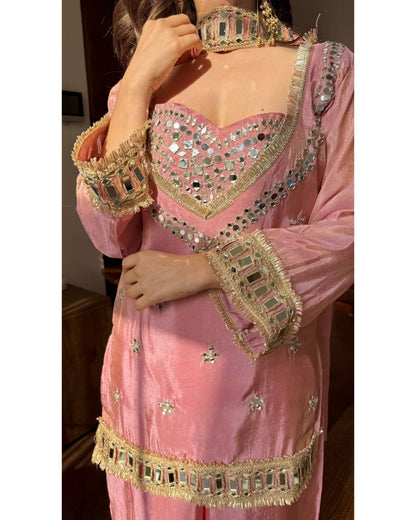 Pink Silk Sharara Suit With Mirror And Gold Lace Work 🎀
